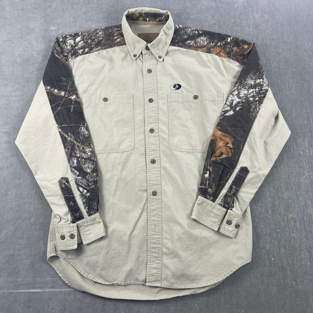 Mossy Oak Mens Medium Khaki Button Front Shirt Camo Accent‎ Ripstop 4570